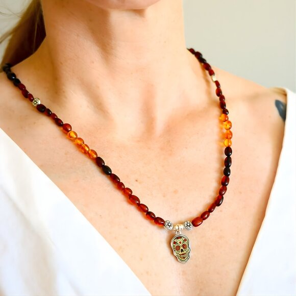 Baltic Amber Beaded Skull Necklace - Picture 2 of 8